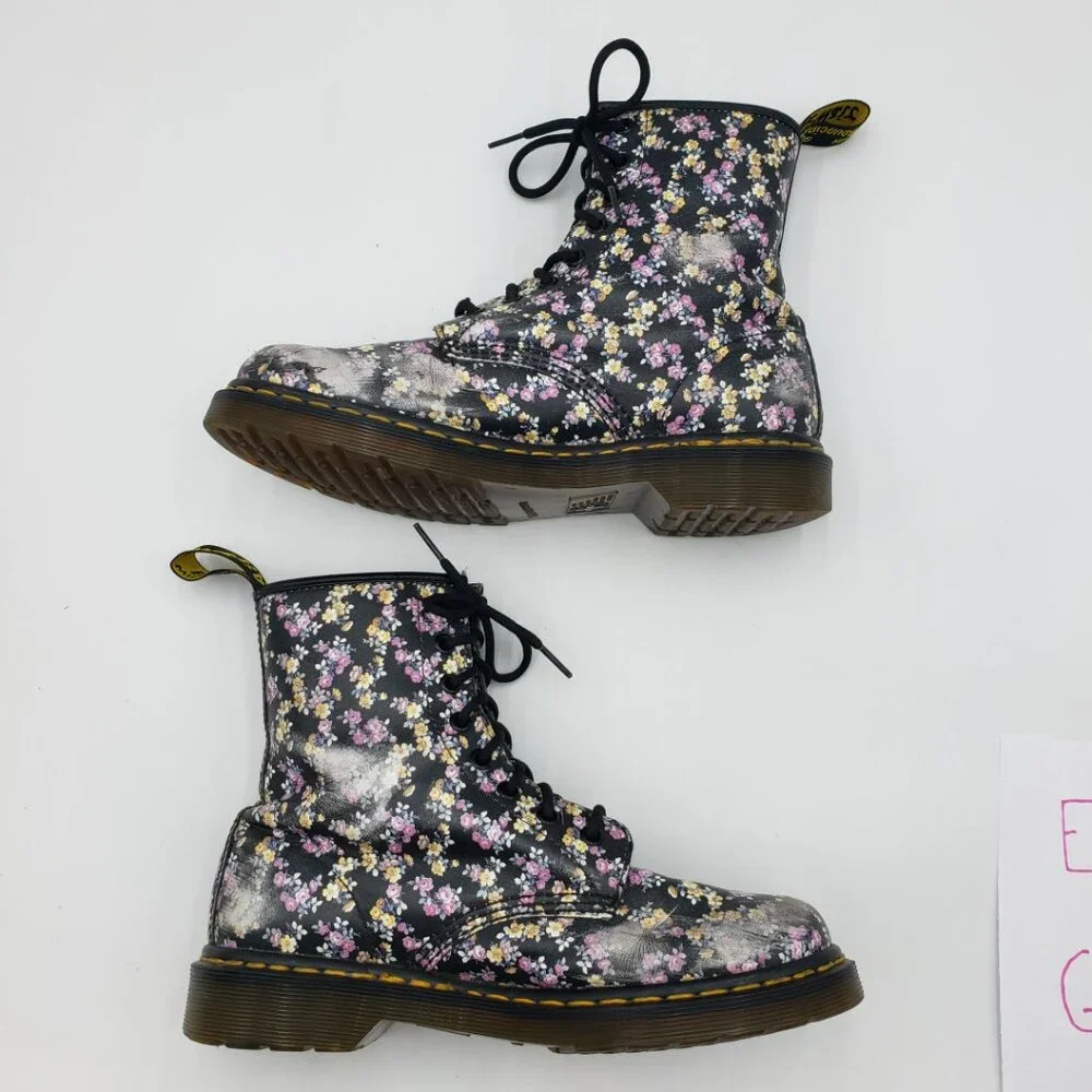 Dr. Martens Floral High Top Boots 8 Womens Docs Leather Lace Up Purple - Picture 6 of 11
